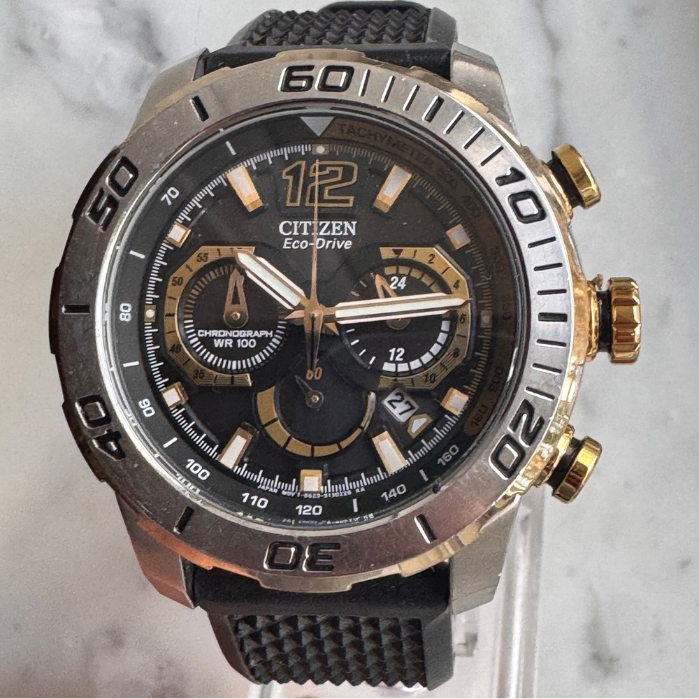 Citizen Eco Drive B620 Chronograph Watch • Black Dial • New Rubber Strap